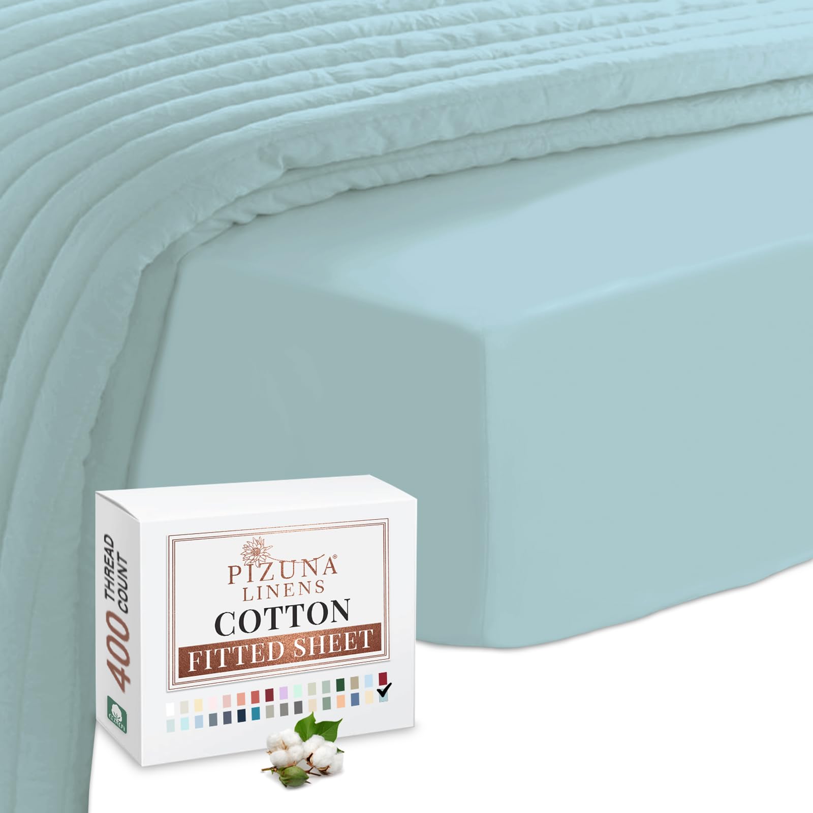 Pizuna 100% Cotton Baby Blue Double Fitted Sheet, 400 Thread Count Long Staple Cotton Fitted Bed Sheets Double 140x200 cm, Sateen 40 cm Deep Pocket Fitted Sheet 1 Pc Only (Blue Bedding Double)