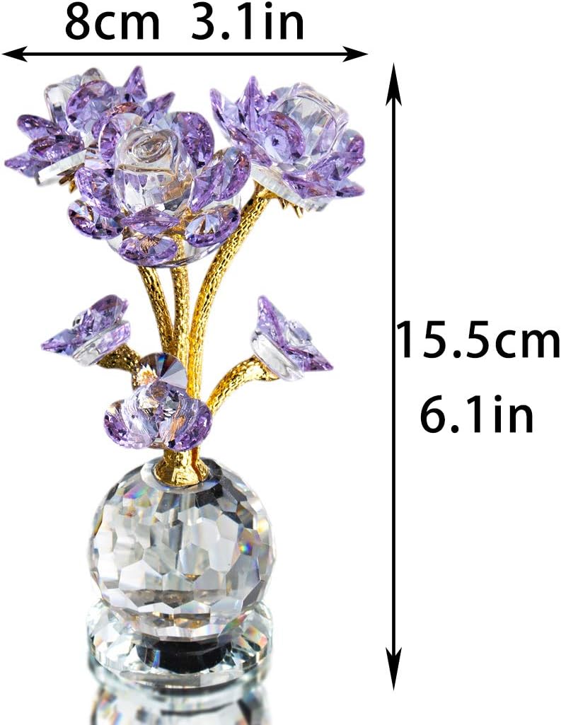 QFkris Purple Crystal Rose Flower Figurine Collectible Statue 6" Glass Flowers with Stems Ornament Home Decor for Valentines Day Thanksgiving,Christmas,Wedding,Mothers Day,Centerpiece,Gift for Women - Image 3