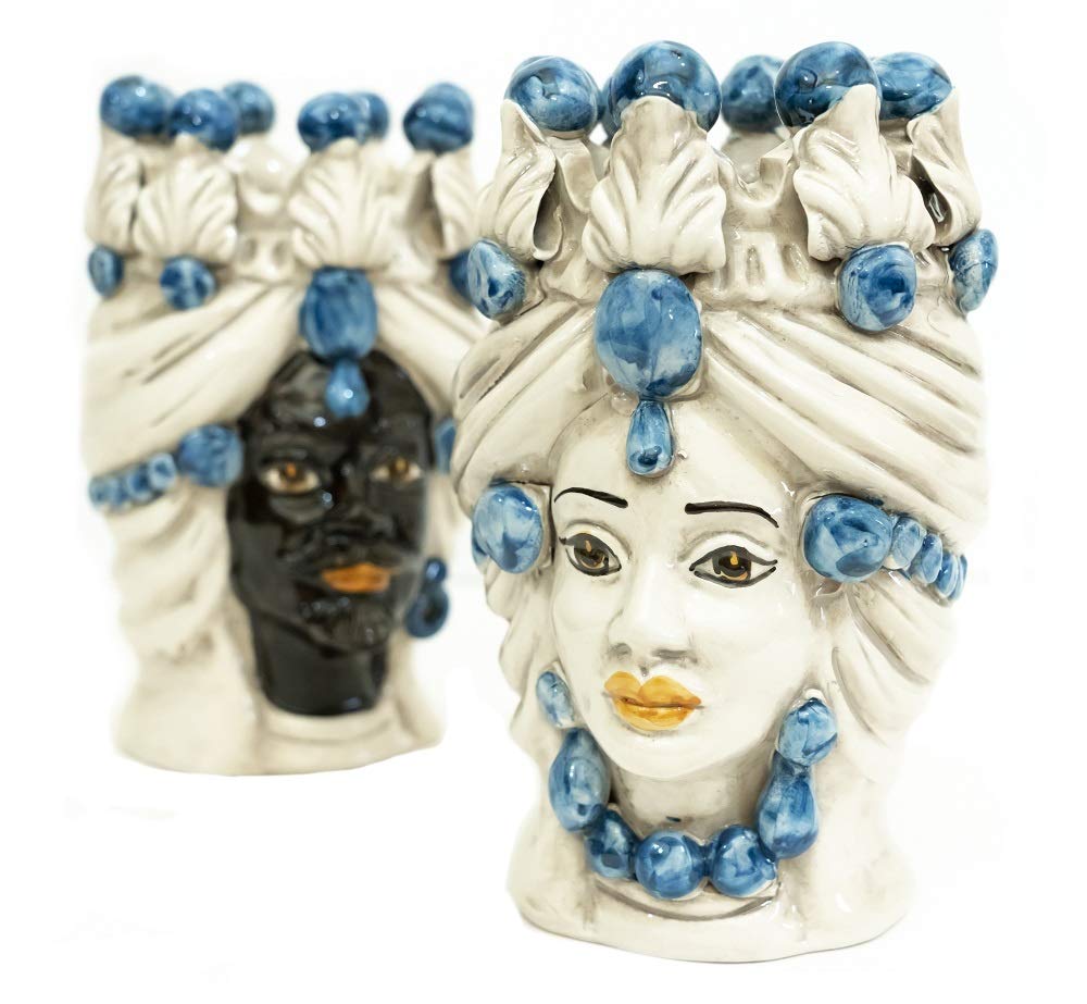 Generico Coppia teste di moro Caltagirone blu in ceramica siciliana vaso grande H 20 cm