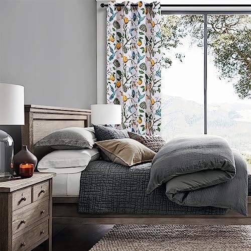 Image of Topfinel Kitchen Curtains 45 Inch Length White Vintage Blackout Curtains for Cafe Kitchen, Short Grommet Luxury Whimsical Floral Hummingbird Patterned 45 Inches Long for Living Room Bedroom