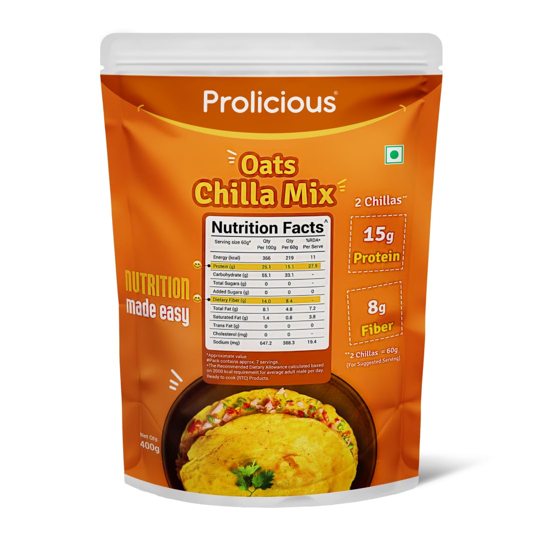 Prolicious High Protein High Fiber Oats Chilla Mix | Plant based | Nutritious | No Palm Oil | No Trans-Fat | Ready to Cook | 400g Pack