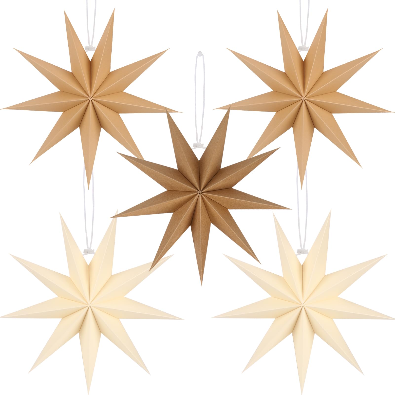 12 Inches 5 PCS Natural Paper Star Lanterns Christmas Party Decorations Hanging Stars Christmas Party Decorations Wedding Birthday Christmas Home Party Decorations(9 Pointed)