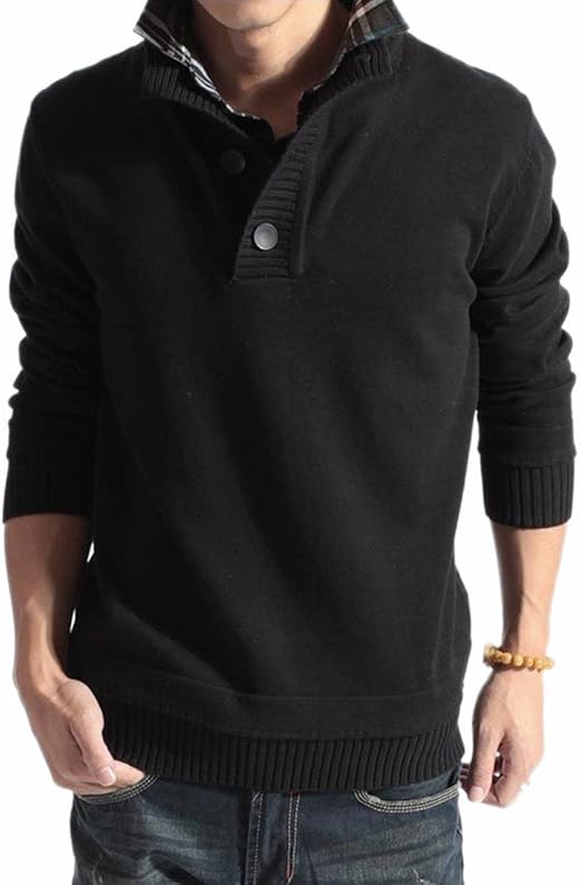 Amazon Co Jp 二重襟付き ニットセーター 長袖 メンズ ニット パーカー カジュアル 立て襟 無地 春 秋 冬 Xl ブラック ファッション