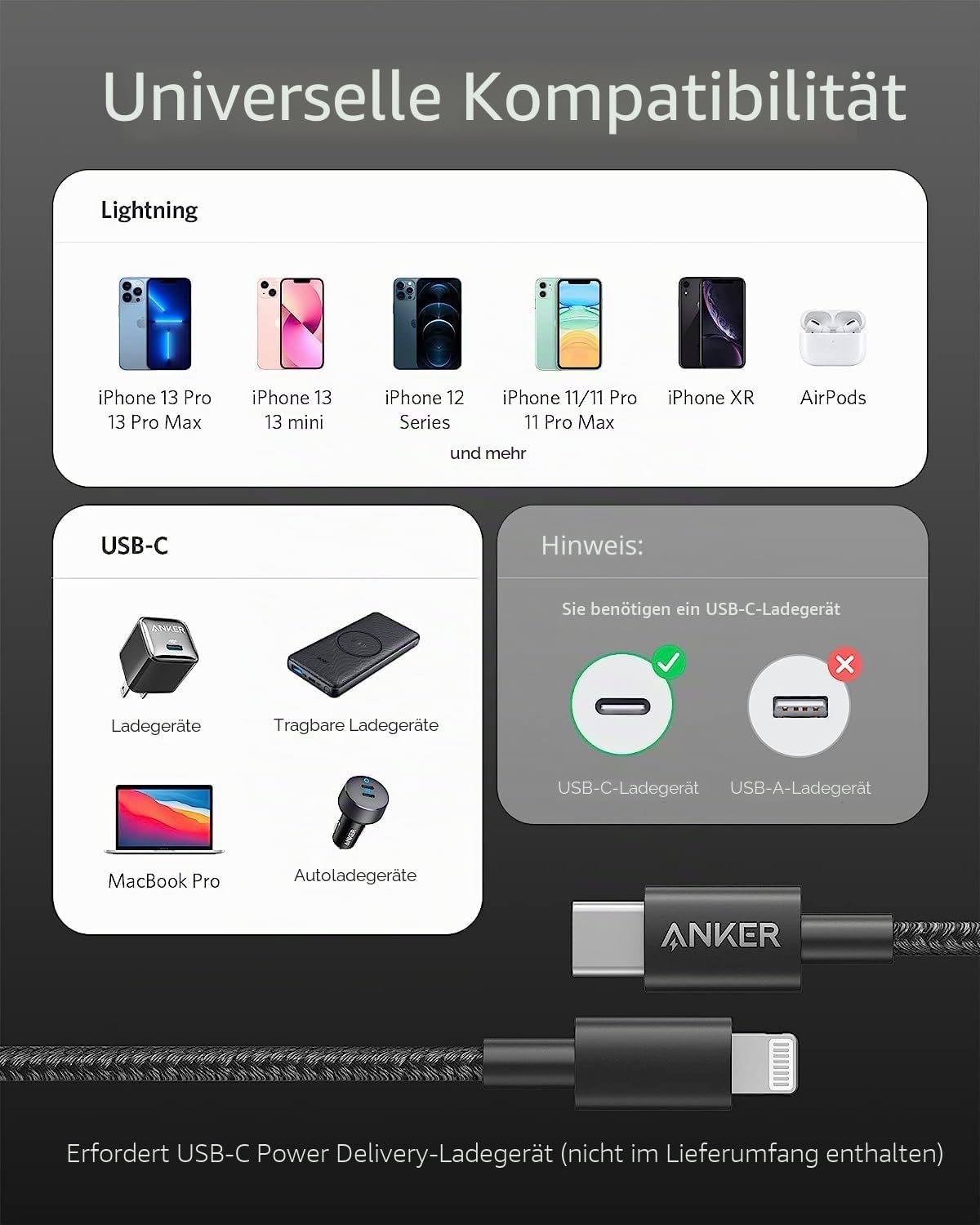 Anker USB C Lightning Kabel, 331 USB C auf Lightning Ladekabel 180cm, MFi zertifiziert, New Nylon Schnellladekabel für iPhone 14/13/12/11 Serie, Unterstützt Power Delivery (Schwarz)