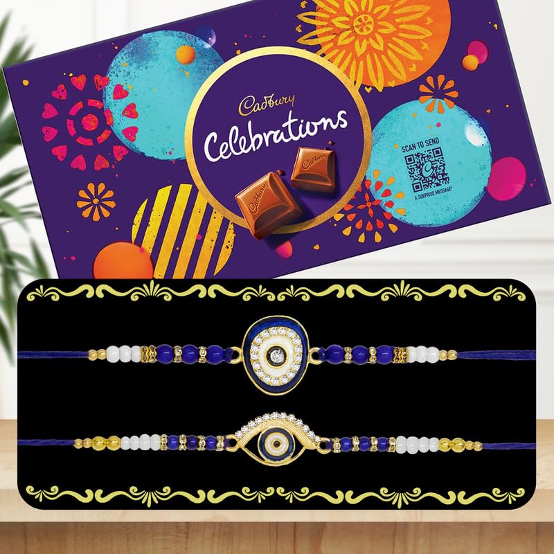 Image of Canton Rakhi Combo Gift Hamper Pack of 2 Rakhi For Brother With Chocolate, Rakhi With Cadbury, Greeting Card & Roli Tilak (Design-9, 2 Rakhi With Celebration)