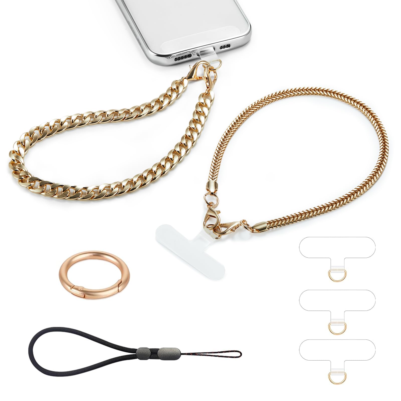 2 Pcs Phone Wrist Strap Lanyard Metal Chain Detachable Adjustable Phone Grip Wristlet Bracelet with 3 Patches Tether Universal for iPhone 16 Pro Max 15 14 Samsung Charms Gold