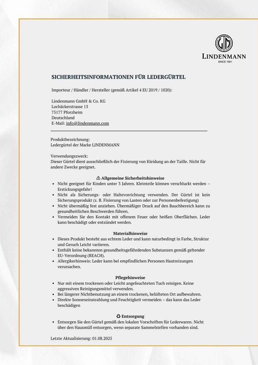 LINDENMANN Herren Ledergürtel Vollrindleder Jeansgürtel cognac