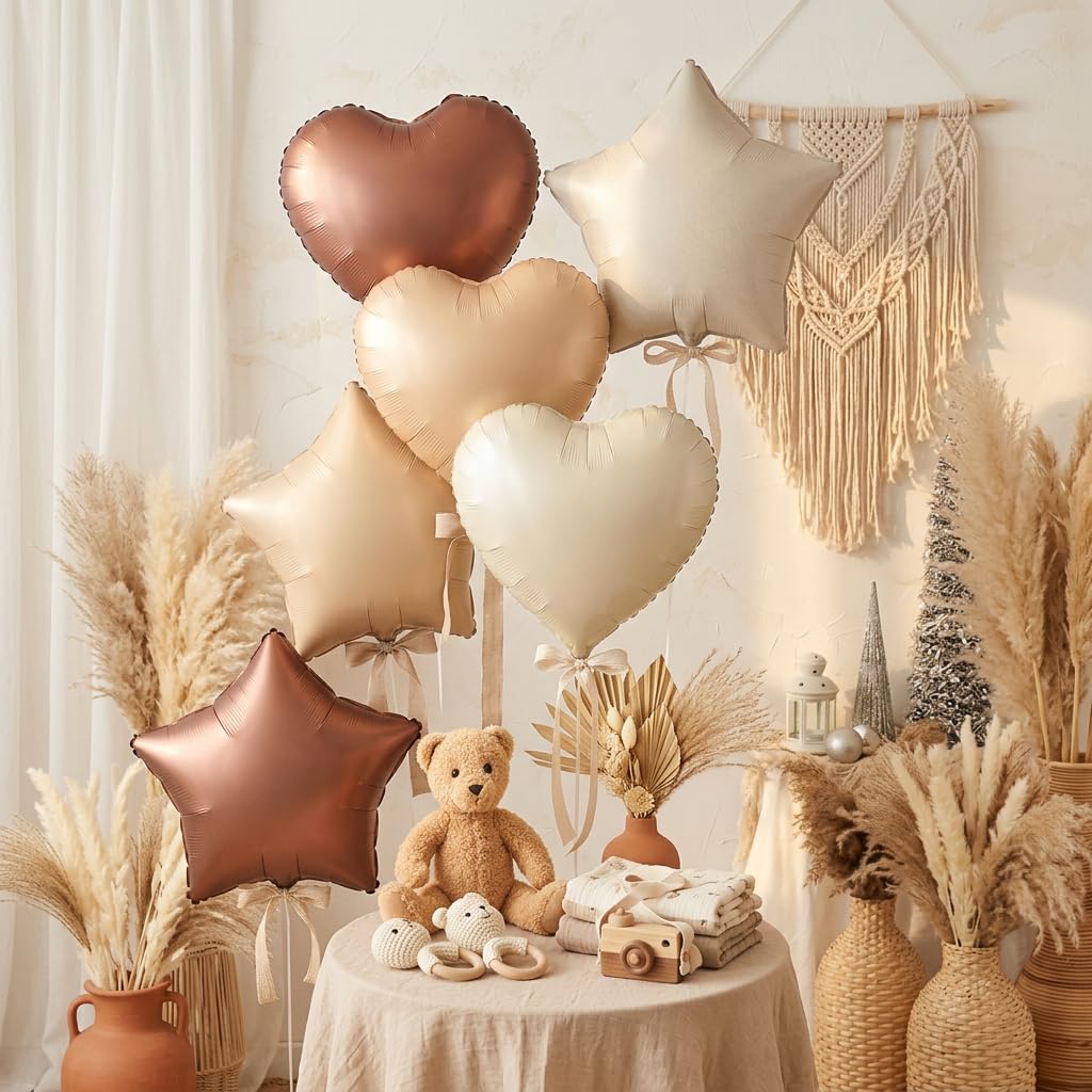 Atpata Funky Boho Theme Foil Balloons - White Sand, Nude Cream, Tan Brown Caramel Shades - Stars and Hearts Shape - for Weddings, Birthdays, Baby Showers, and Party Decorations (6pcs, Heart & Star)-image-28