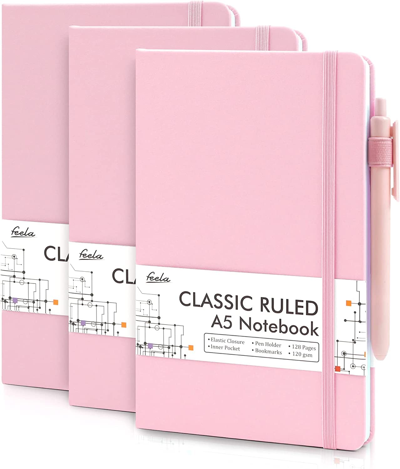 Lot De 5 Carnets Notes A5 Feela - Couverture Rigide, 128 Pages Lignées + 5 Stylos - Couleurs Pastel
