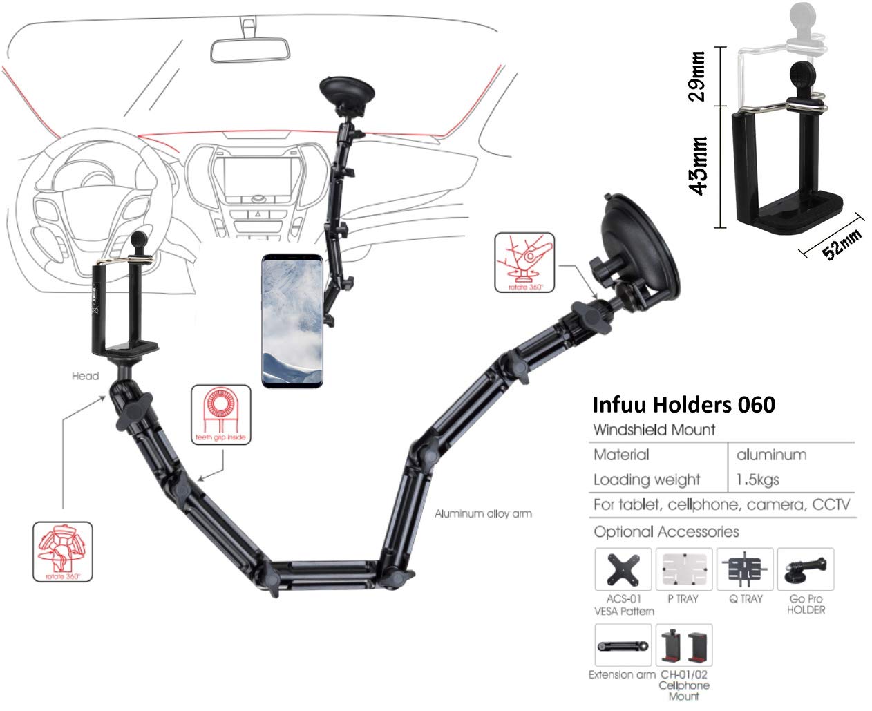 Supporto per auto lungo Stabile in metallo con ventosa per parabrezza per Smartphone Cellulare infuu Holders 060