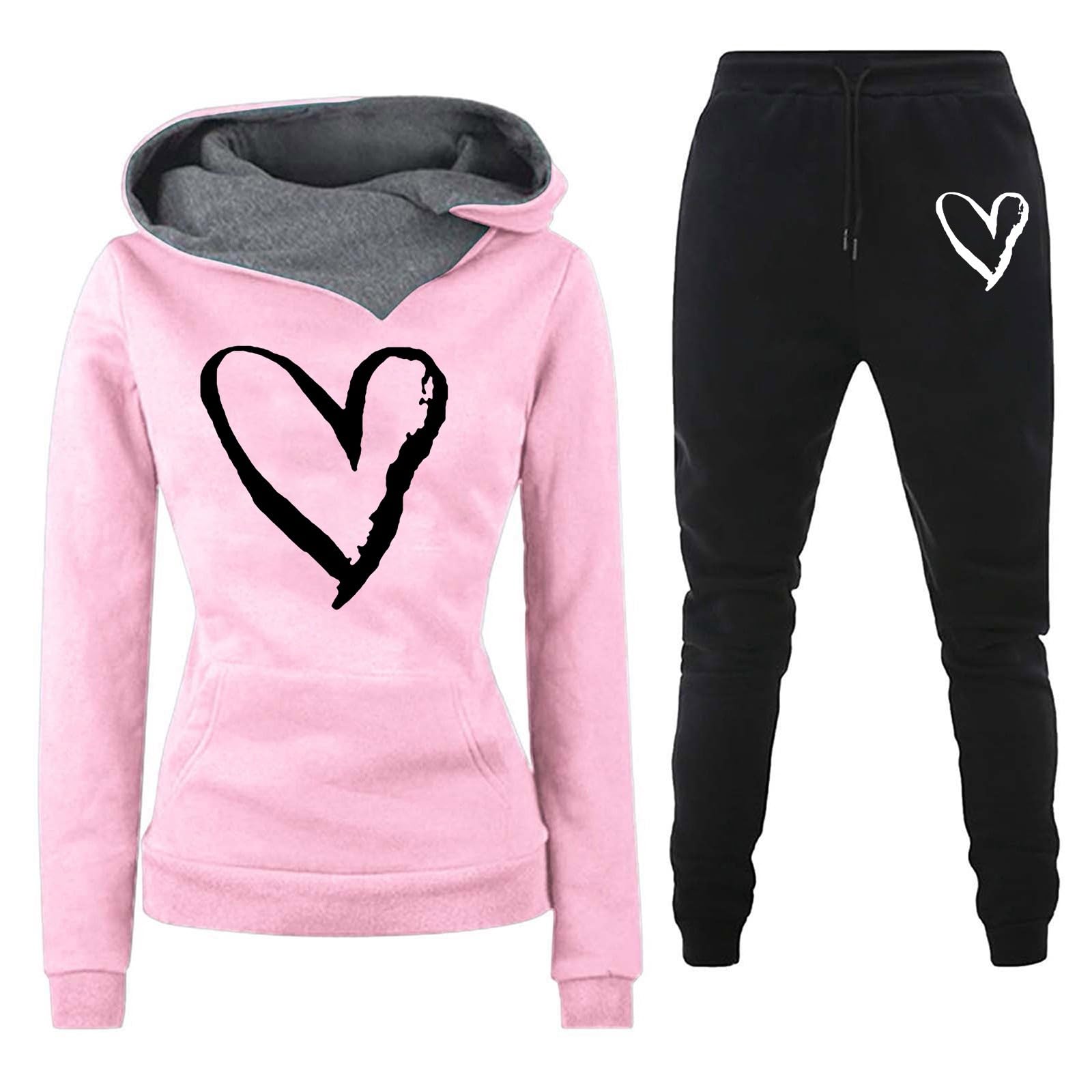 Damen Zweiteiler Elegant Women'S Two Piece Casual Sports Long Sleeve Pullover Hooded Top Set Heartbeat Frequency Printed Hoodie Gym Outfit Anzug 2 Teilig Festliche Kleidung Für Ältere