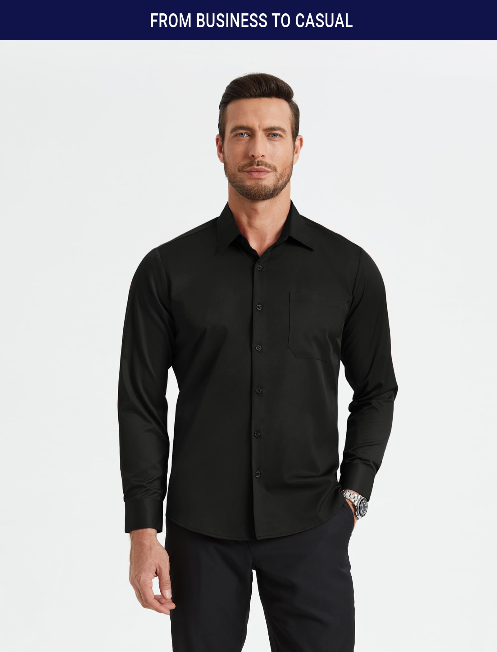 Enlision Camisa de Vestir para Hombre Manga Larga sin Plancha Elastica Cuello con Botones Antiarrugas Ajuste Regular Camisas Traje Negocios Formal Boda con Bolsillo