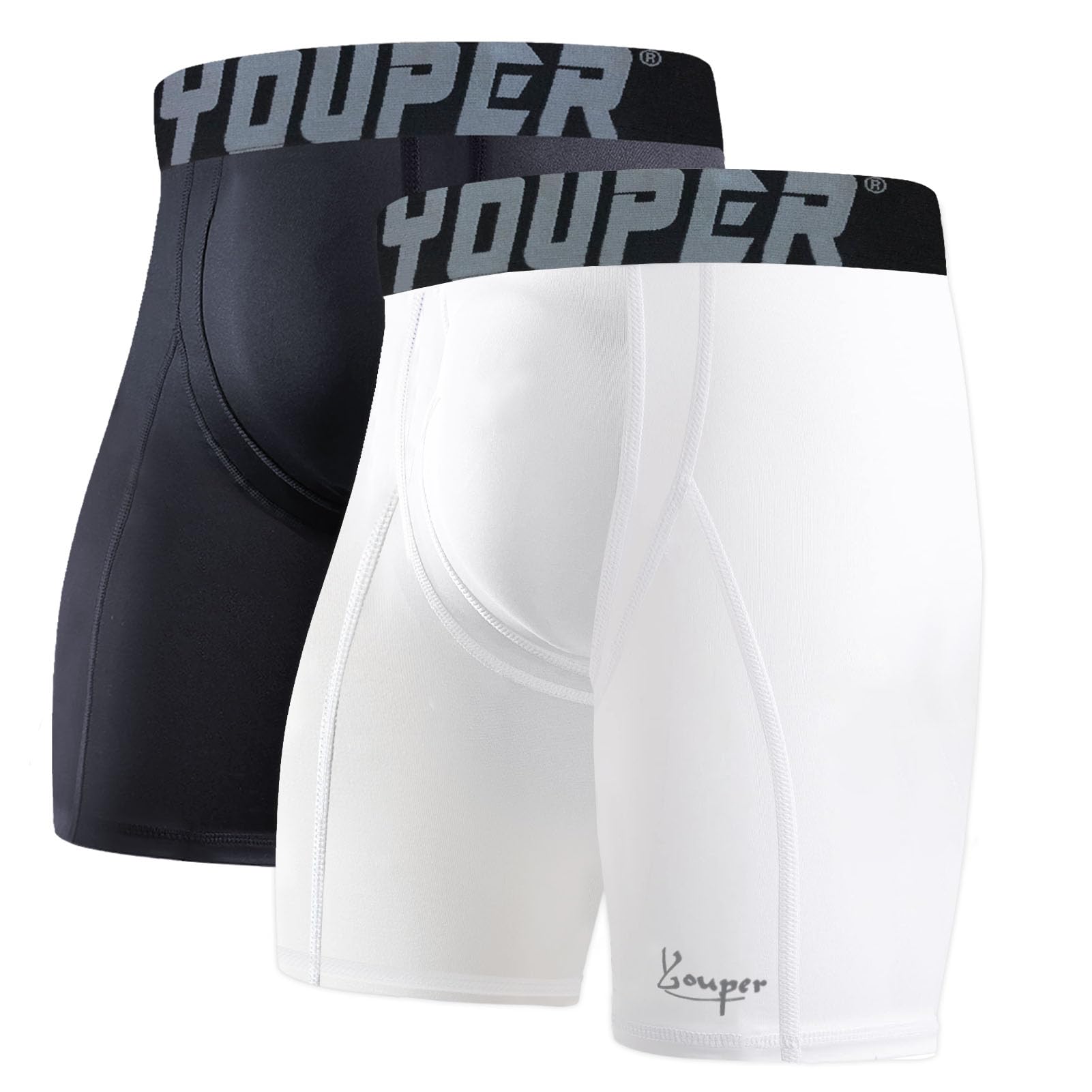 Youper 2-Pack Adult Compression Shorts w Cup Pocket Mens Athletic Supporter for Baseball Football