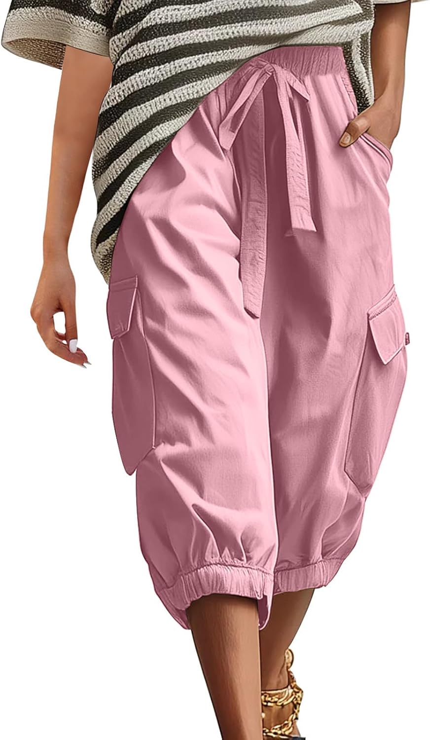 Cargo Capris for Women with Pockets Summer Casual Loose Capri Pants High Waisted Work Fashion Cropped Pant