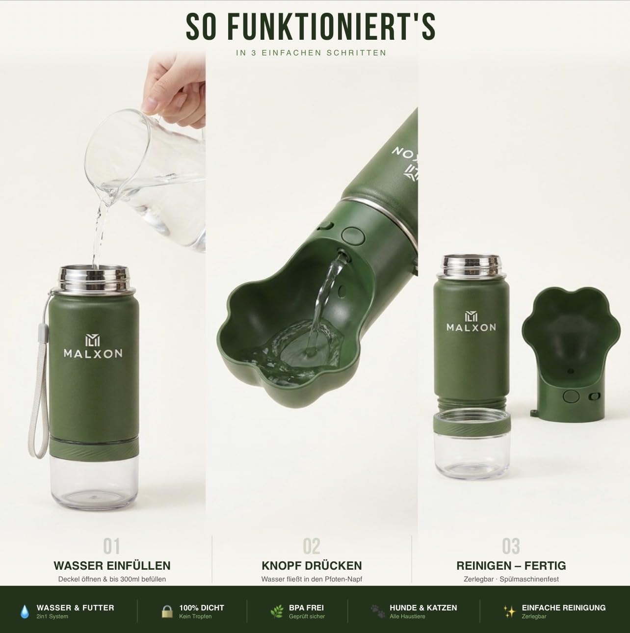 3-in-1 Trinkflasche Hunde für unterwegs – Wasserflasche mit Futterbehälter & Trinknapf – 300ml – Auslaufsicher – BPA-frei – Hunde & Katzen – inkl. Geschenk