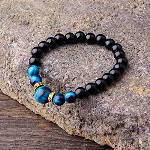 Miniatura 4 de Natural Stone Bracelets Men Royal Blue Tiger Eye Bracelets Bangle Fashion CZ Charm Black Onyx Beads IE1SG (4.rose gold color-19cm)