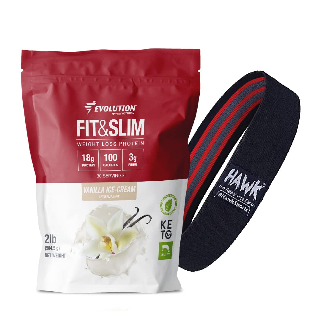 Mezcla Fit & Slim de Evolution Advance Nutrition, 900 g + bandas de resistencia para ejercitarse en casa. Proteína de suero de leche en polvo de animales alimentados con pasto, de fácil digestión, aprobada para dieta cetogénica, sin OMG, endulzada con stevia (vainilla).