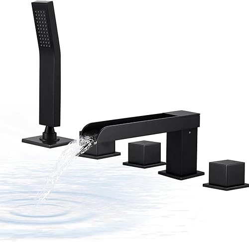 Miniatura 1 de KRUZOO YG6352BG - Grifo de bañera romana de 5 agujeros, juego de 5 piezas de relleno de cascada dorada, 3 palancas montadas en la cubierta, 5