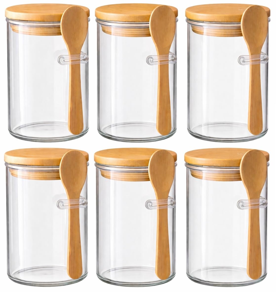 Print Maniacs Transparent Glass Storage Jar With Bamboo Lid And Spoon 300Ml Airtight Kitchen Container For Sugar Honey Spices Tea Seasoning Clear Glass Canister Pantry Storage Jar Small