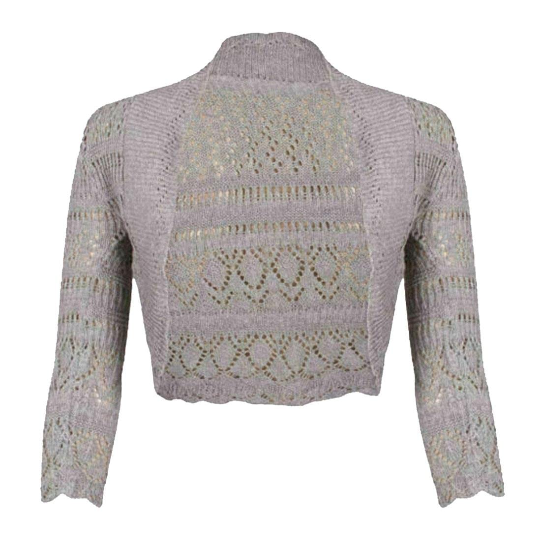 FAIRY TRENDZ Womens Long Sleeve Crochet Knitted Shrug Ladies Open Front Cropped Bolero Cardigan Light Grey