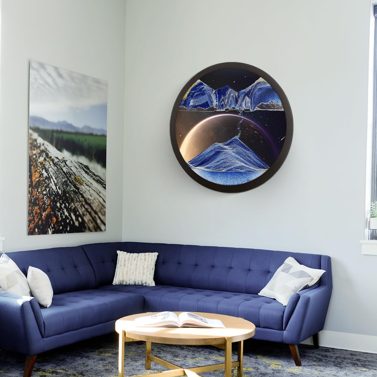 17.3" Moving Sand Art, 3D Sand Art Pictures Deep Sea Sandscape Living Room Decoration, 360° Rotate, Glass Crafts Solid Wood Frame, Relaxing Mood Home Office Work Wall Art Decor