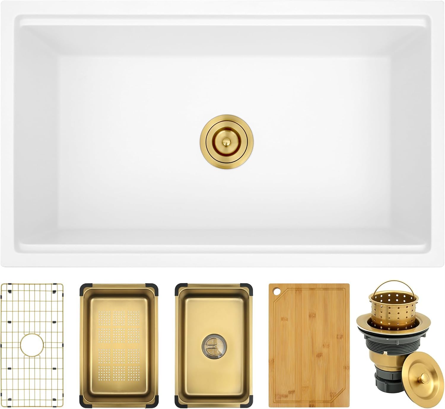 White Kitchen Sink, 31 Inch Undermount Kitchen Sink, 31" x 18" x 9" Single Bowl Granite Composite Kitchen Sinks, 31 x 18 Large and Deep Workstation Sinks With Gold Accessories