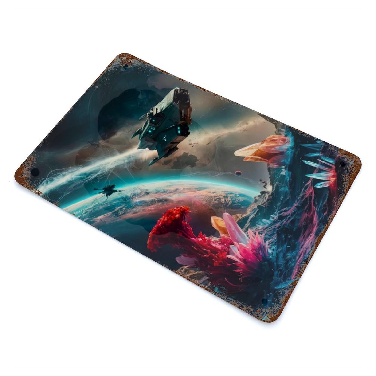 Galactic Frontier 11.8"x7.9" Aged Metal Wall Plaque, Retro Wall Decor for Farmhouse, Kitchen And Entryway Decor