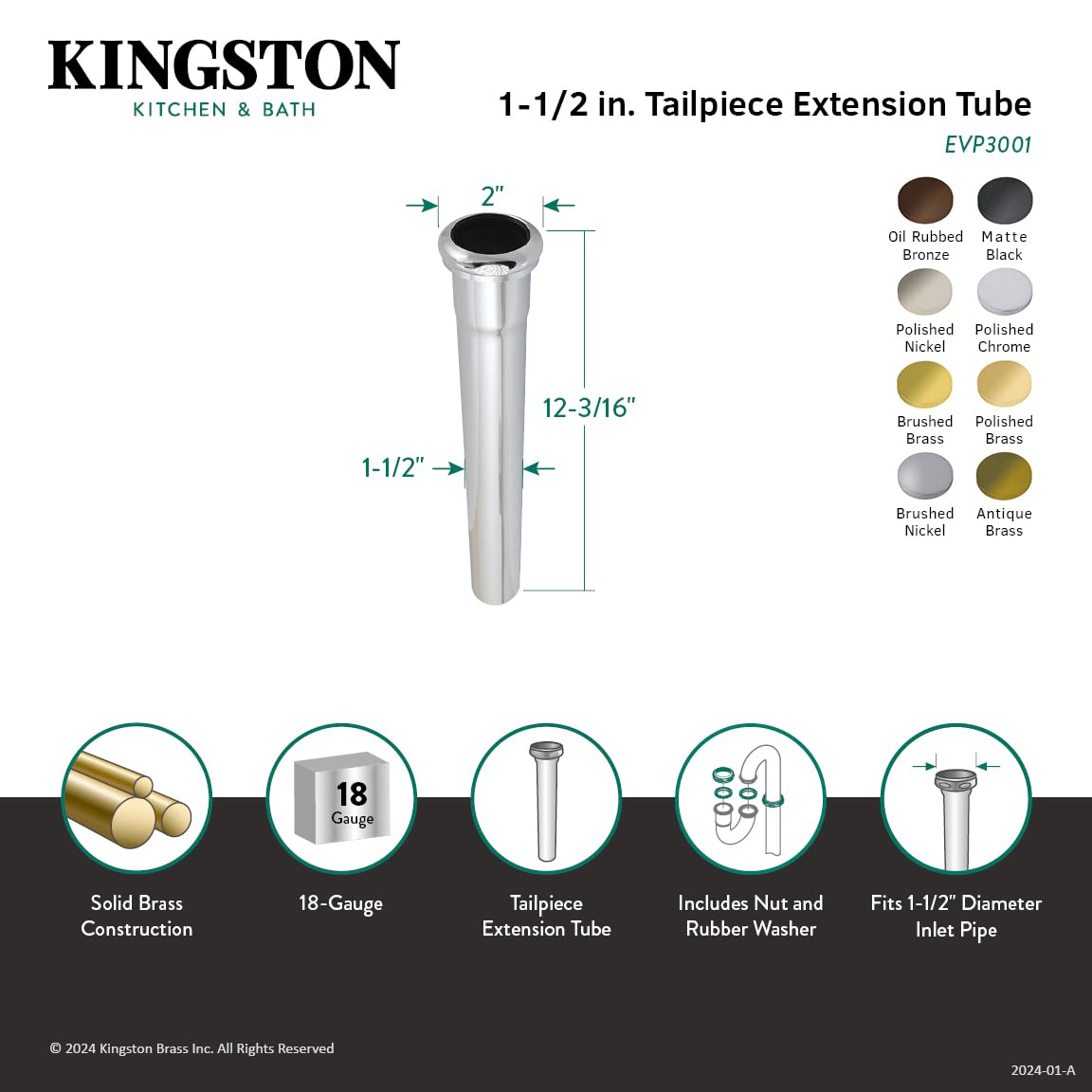 Kingston Brass EVP3003 Century 1-1/2" x 12" Tubo de extensión de cordal de junta deslizante, latón antiguo