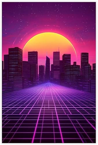 Retro Futurism Wall Art  Minimalist Neon Cityscape Poster, Sci-Fi Synthwave Decor for Gamers & Teens Vintage Wall Decoration Famous Oil Paintings