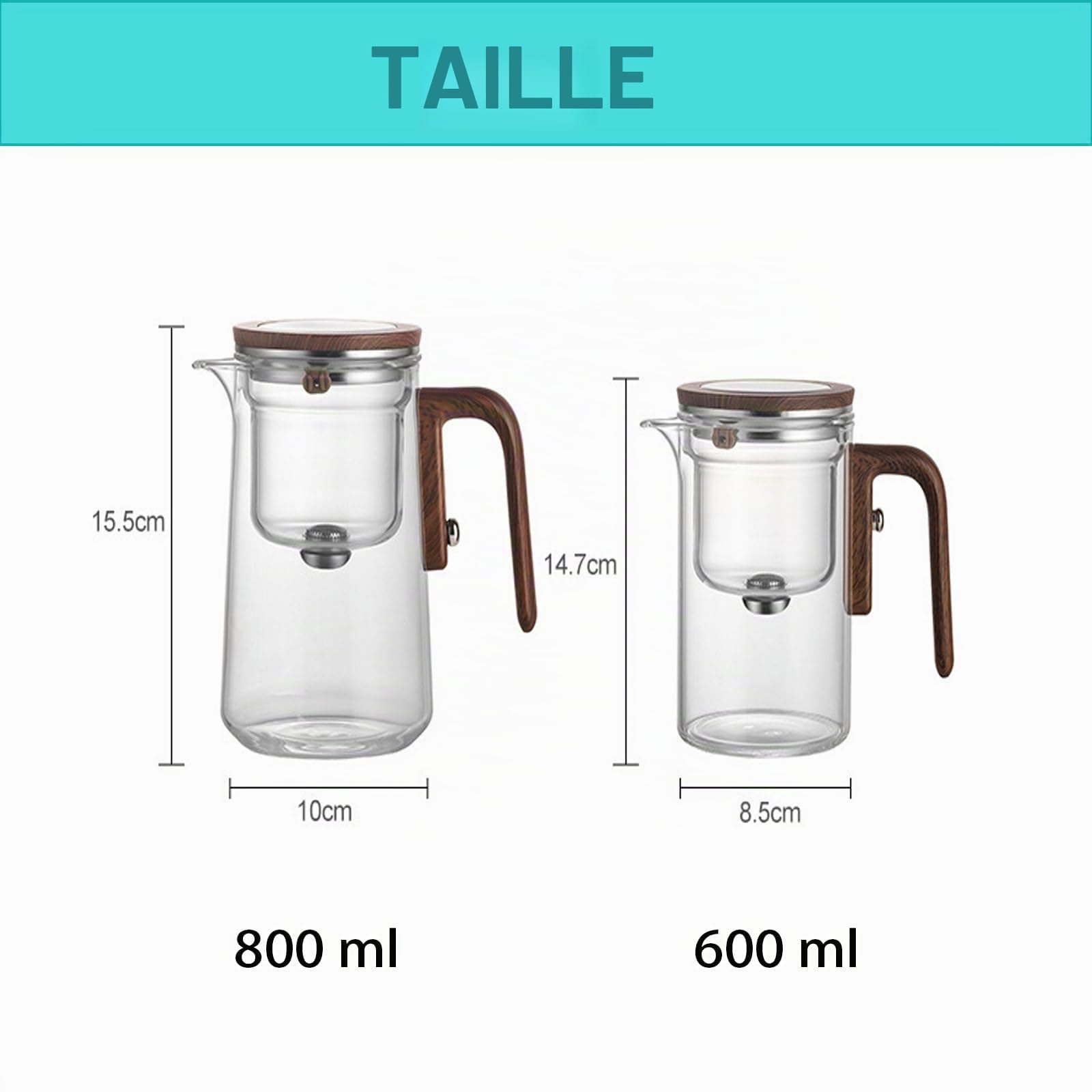 Tea Pot Enchantipot Magic Tea Pot - Théière magique avec séparation de l'eau - Press Control - Pot à thé magique avec poignée en bois - 600 ml - Gris