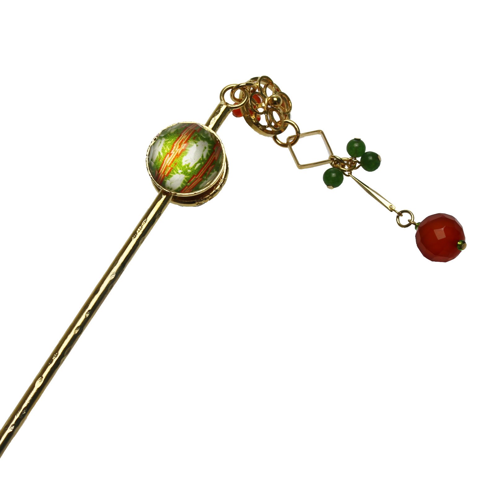Hair Pin Cicada Green Orange Carnelian Quartz (Dye) Hair Stick