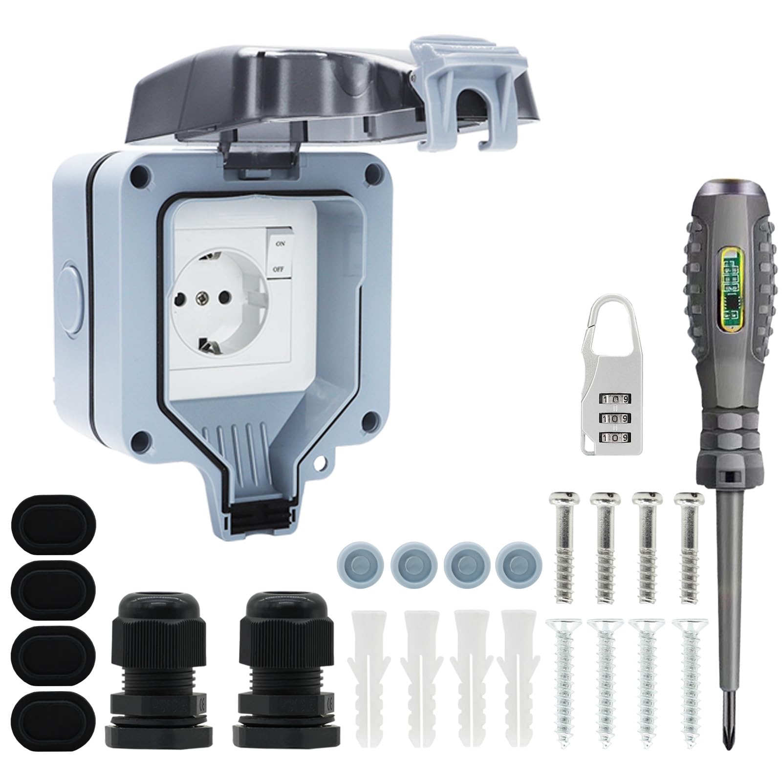 Outdoor Socket Waterproof Socket IP66 Single with Switch, Wall Socket Wet Room Surface-Mounted Protective Contact Garden Socket Dustproof Weatherproof Outdoor Socket with Hinged Lid-image-22