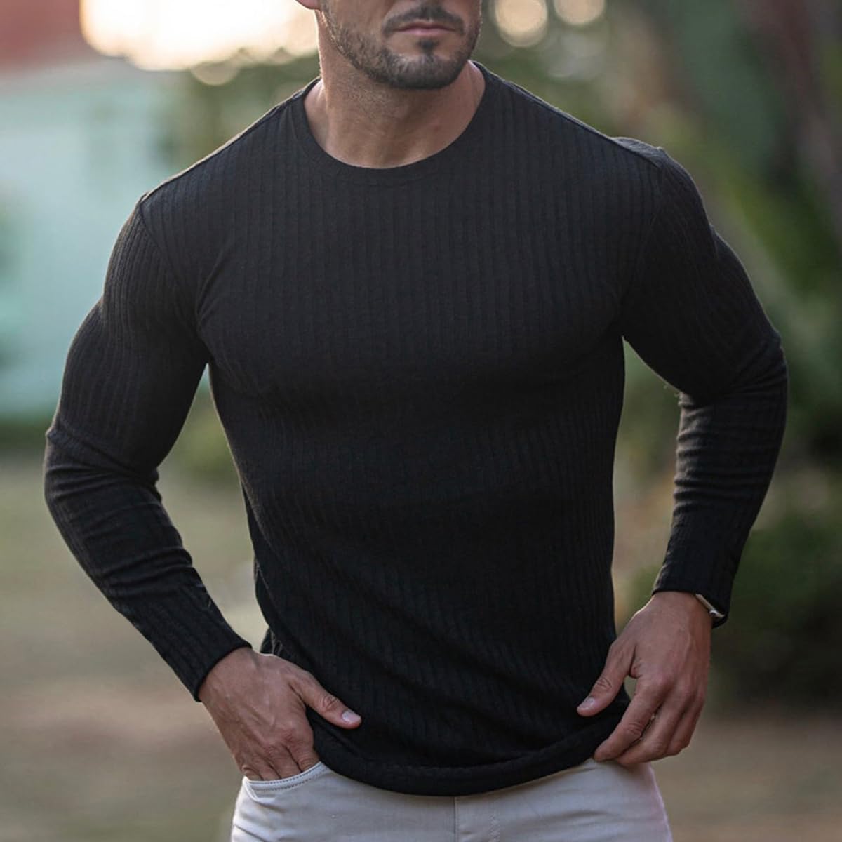 Men's Sport Fitness Long Sleeve T Shirt Vertical Stripe Stretch Ice Silk Fabric Stand Collar Comfortable Casual Wear for Men