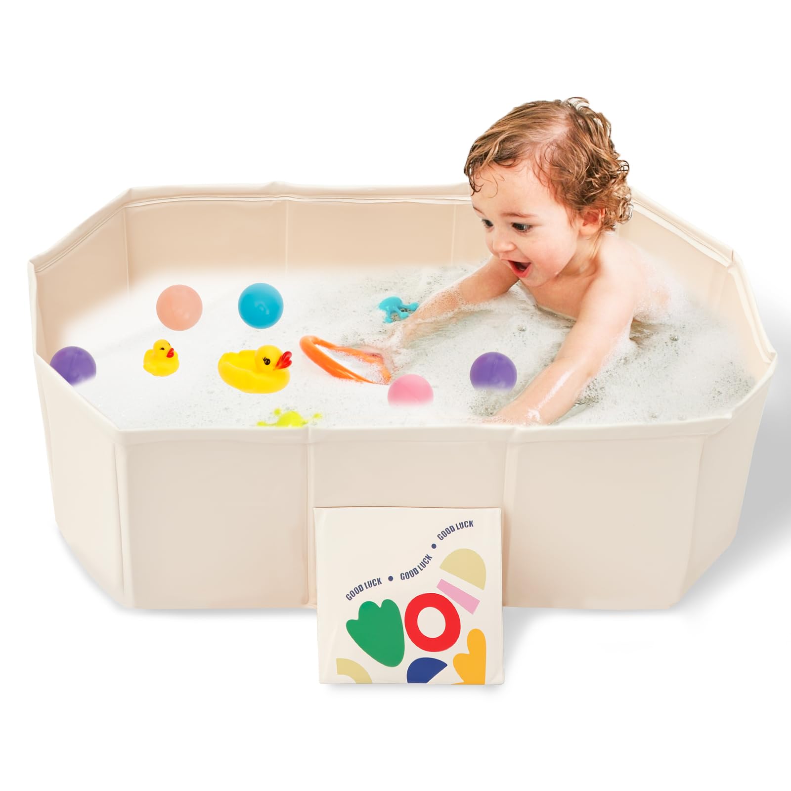 Bañera de bebé plegable, la bañera de bebé plegable con desagüe y pies de soporte, para niños pequeños con 5 bolas, 2 patos, Antideslizante Bebés para Niños de 0 a 5 Años ducha portátil (Tufty White)