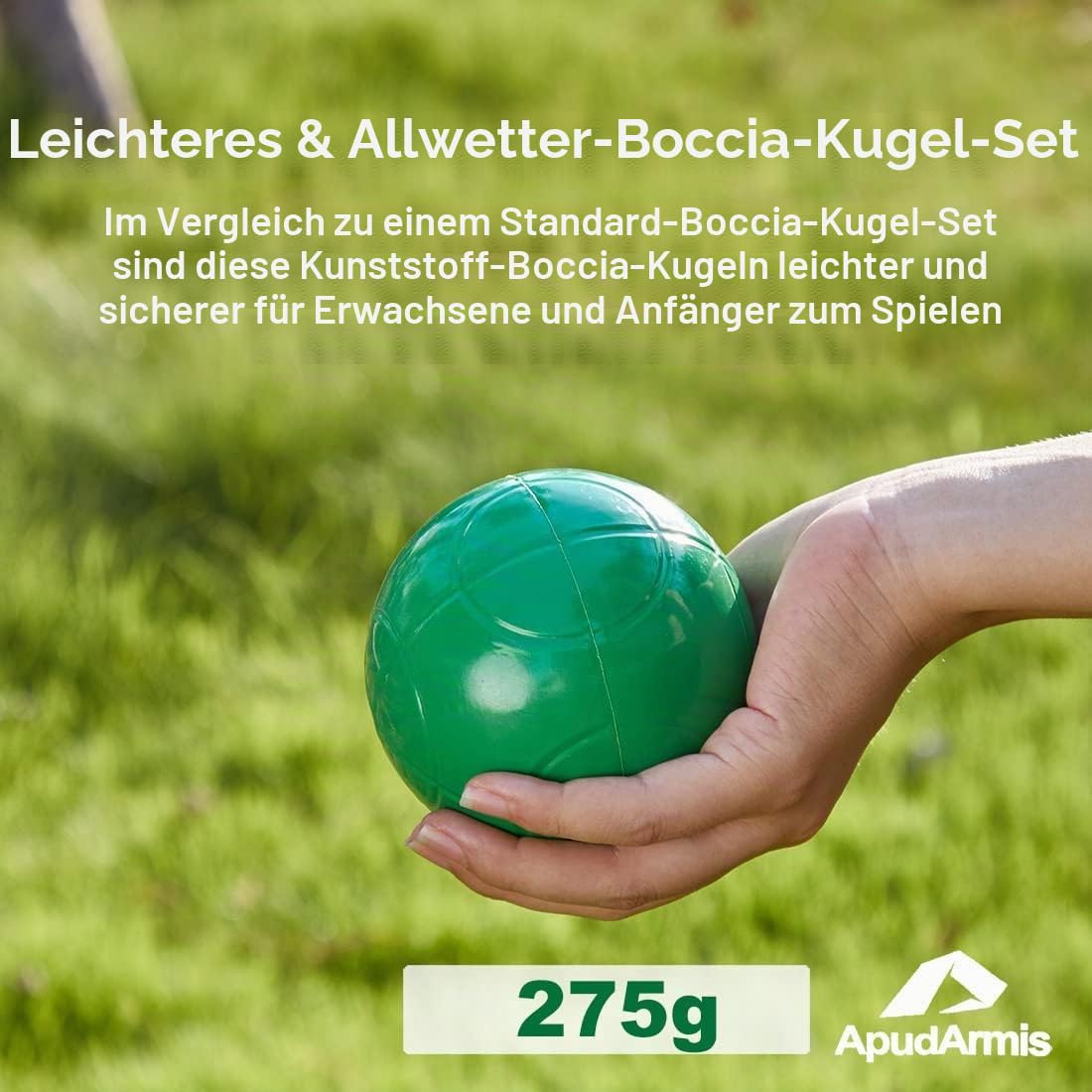 ApudArmis Boccia-Bälle-Set, 90 mm, leichteres Bocciespiel für den Außenbereich, für Hinterhof, Rasen, Strand, Set mit 8 weichen PE-Bällen und 1 Pallino & Nylon-Tragetasche und Maßband für Kinder,