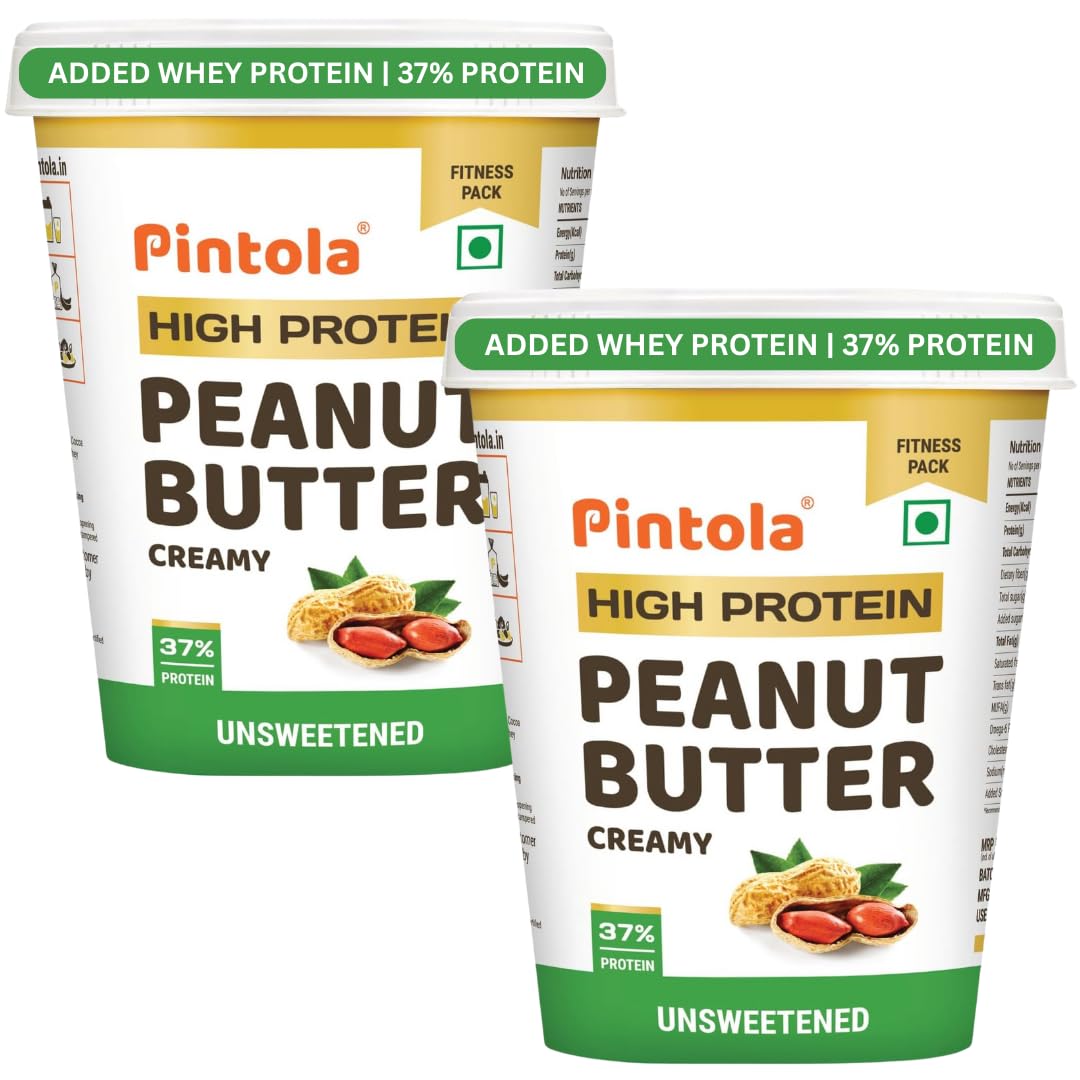 PINTOLA 37G Whey Protein Added Unsweetened Peanut Butter | 100% Roasted Peanuts | 0% Sugar & 0% Salt - 510g Creamy (Pack of 2)