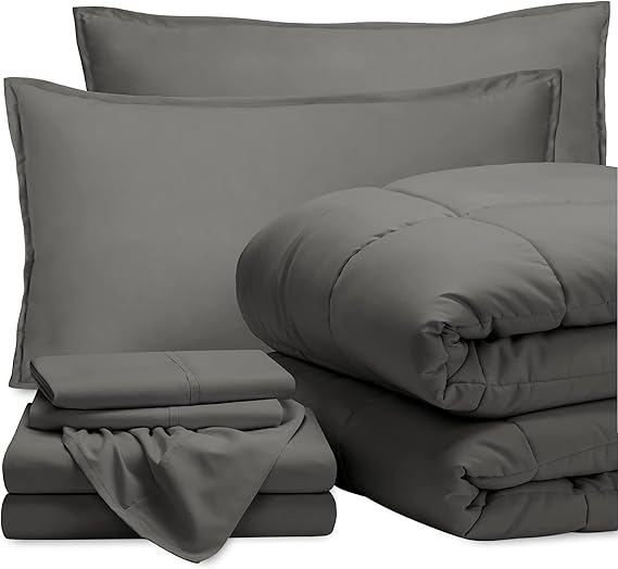 Bare Home Bed-in-A-Bag 7 Piece Comforter & Sheet Set - Full - Goose Down Alternative - Ultra-Soft 1800 Premium - Bedding Set (Full, Grey/Grey)