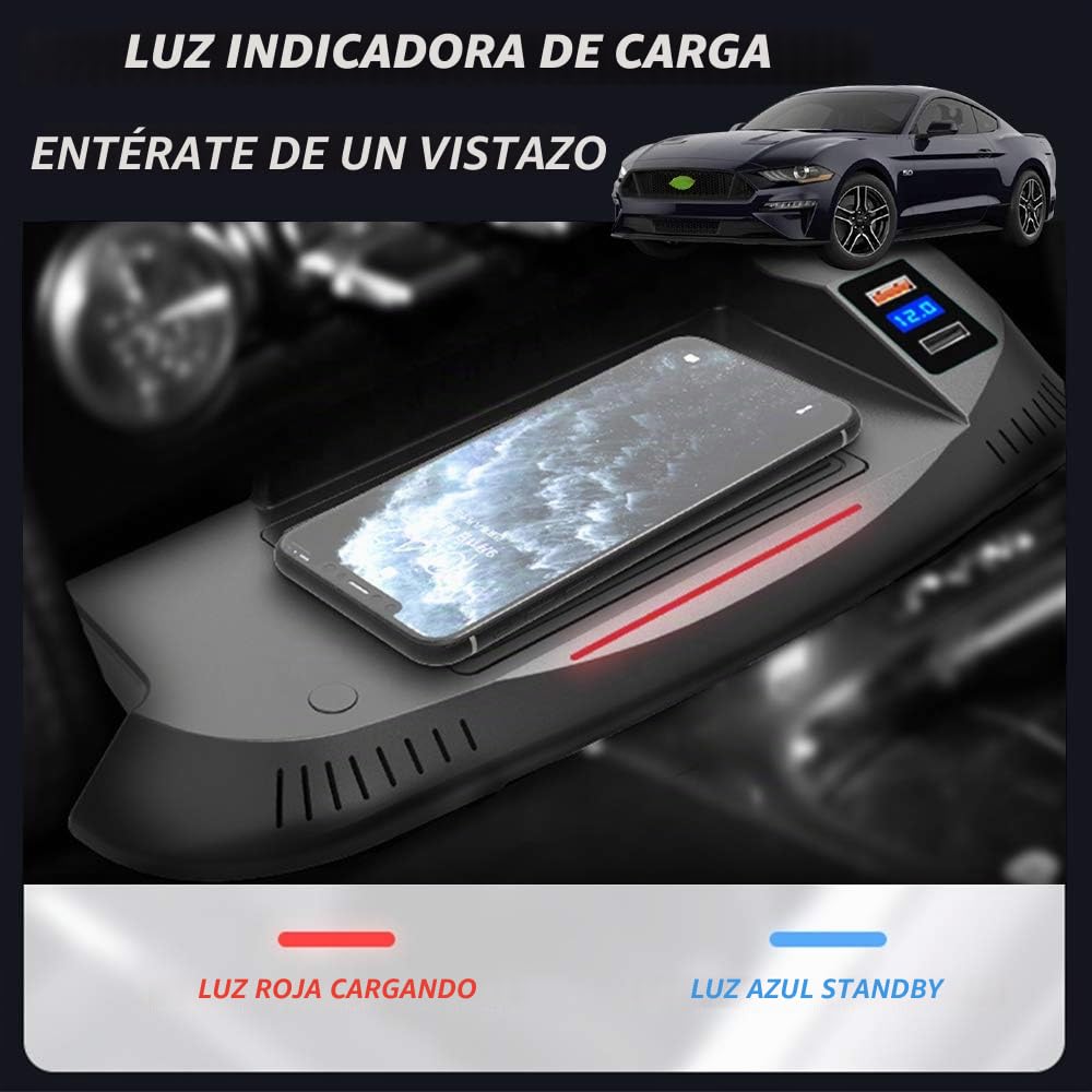 Cargador Inalámbrico Coche para Ford Mustang 2015 2016 2017 2018 2019 2020 Consola Central Accesorios Panel 15W Carga Rápida Auto Teléfono Cargador con QC3.0 USB Puerto para iPhone Samsung