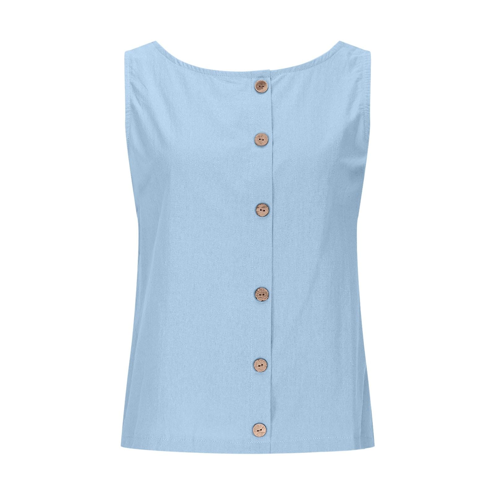 Camiseta de tirantes para mujer, mezcla de lino, sin mangas, cuello redondo, camiseta con botones, cómoda, transpirable, ajuste holgado, cuello en U