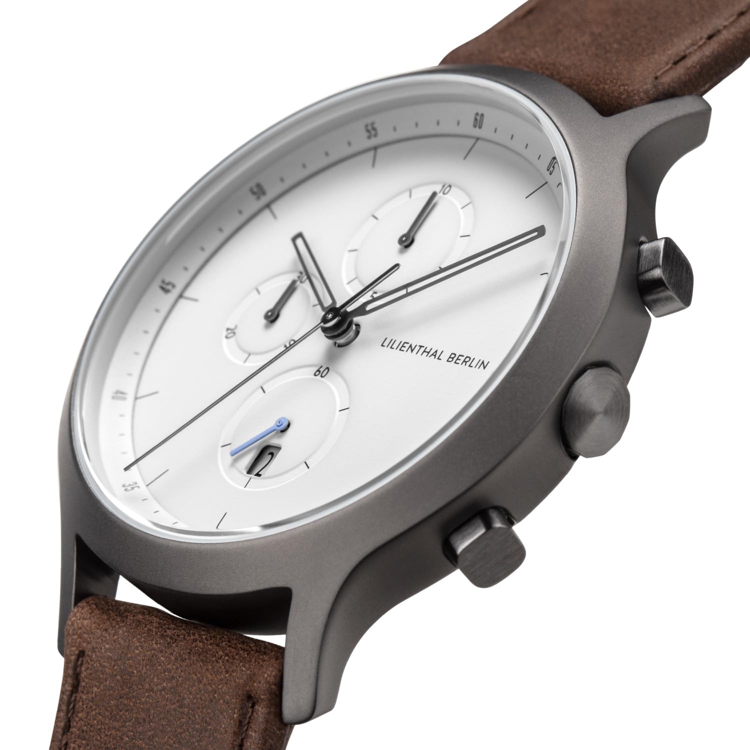 Cronografo Lilienthal Berlin – Cassa Argento Scuro, Quadrante Bianco Opaco, Cinturino In Pelle Naturale, Movimento Ronda Svizzero, Design Premiato