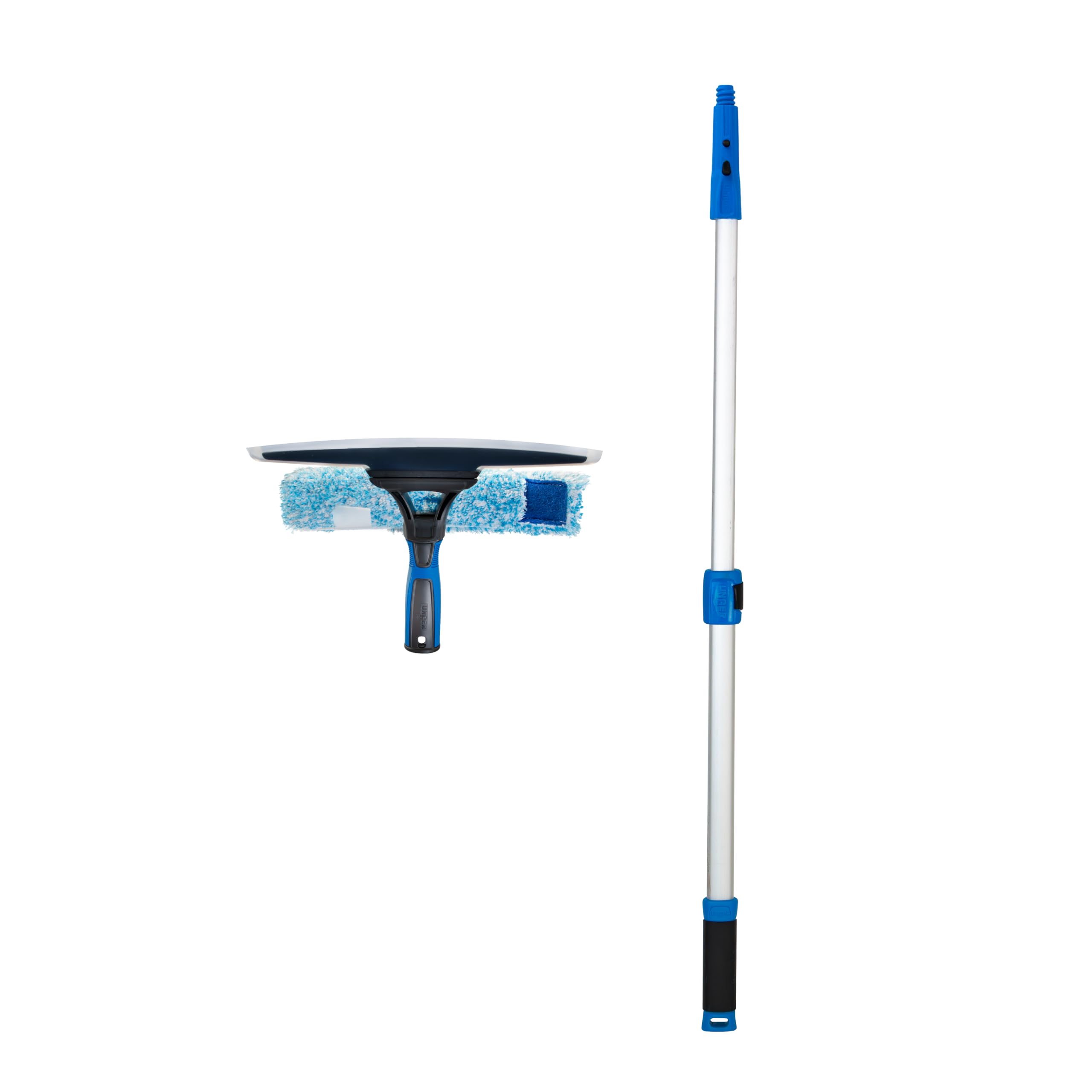 Unger Escobilla de goma curvada de silicona de 10 pulgadas con poste telescópico de 3 pies, hoja flexible para curvas de ventana, herramienta de limpieza de parabrisas, funda de microfibra