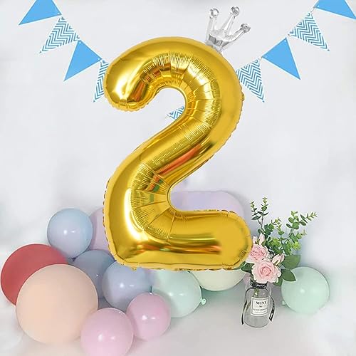 Miniatura 6 de Globo dorado del número 2 con corona para decoración de fiesta de cumpleaños, aniversario, 40 pulgadas, grande