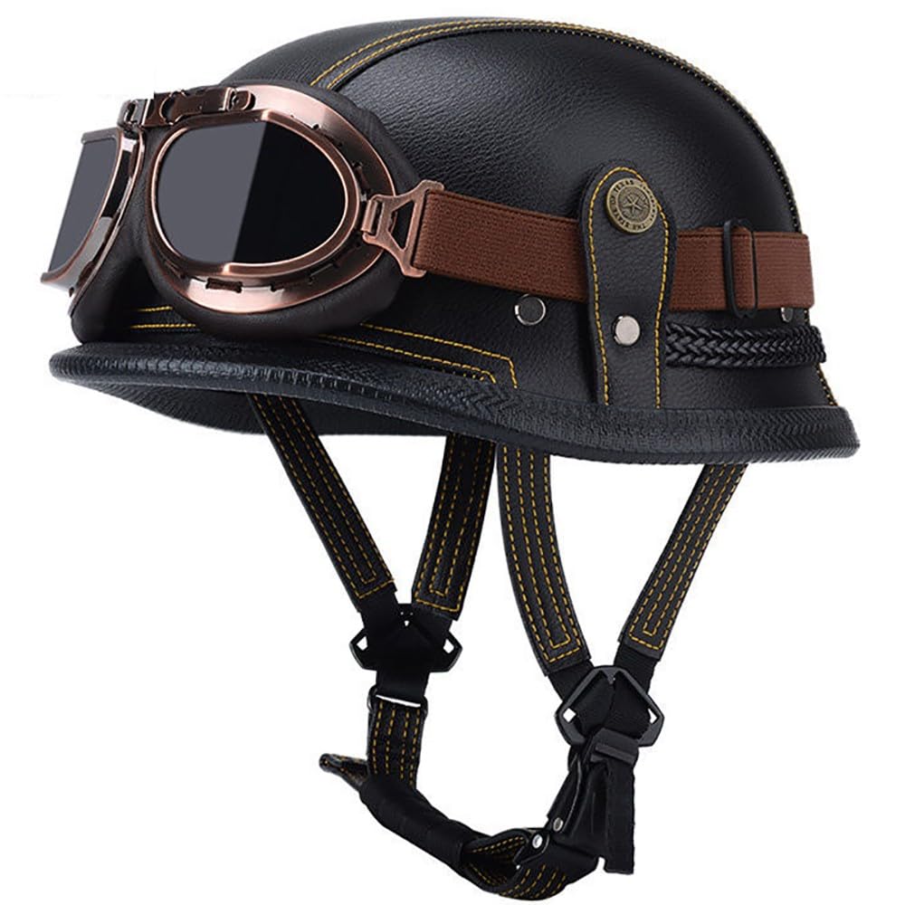 Motorcycle Half Helmet, Vintage Leather German Style Half Helmet Skull Cap with Goggles, ECE Approved Retro Motocross Helmet, Men Women Adult for Scooter Bike Cruiser
