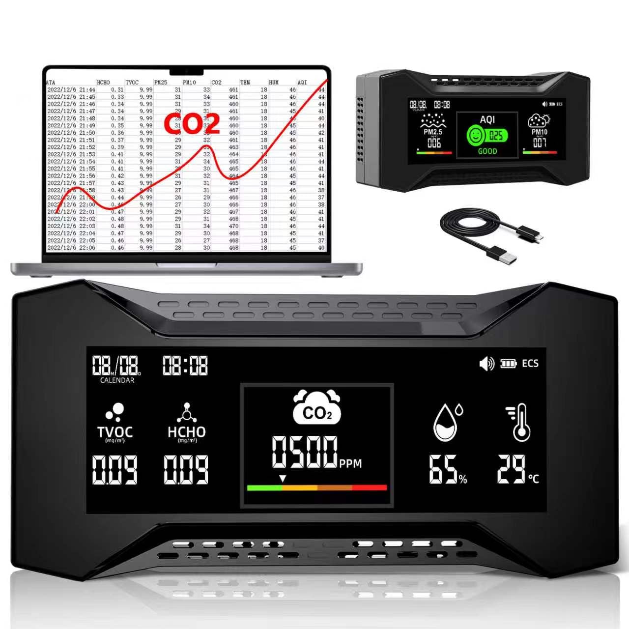 CF-20 DL 10-in-1 CO2 Melder, Luftqualität Messgerät mit Datenprotokollierung und CSV-Berichten für Audits, Hochpräziser co2 messgerät mit PM2,5-Erkennung und 6 AQI-Symbolen, Geeignet für Büros, Labore