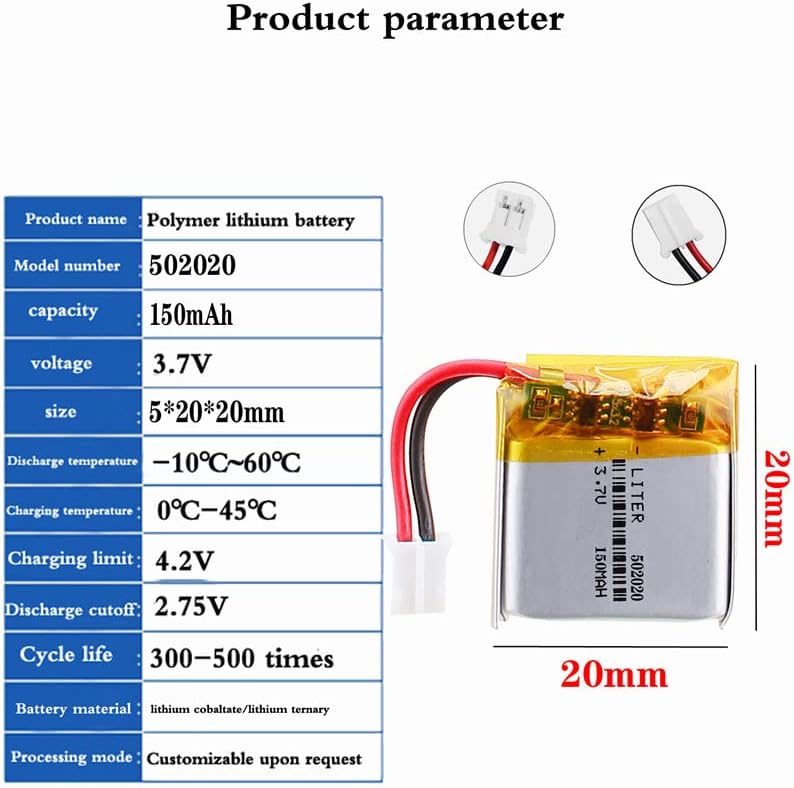 Miniatura 2 de 3.7V 502020 150mAh batería de iones de polímero de litio recargable batería de polímero con conector JST 0.079 in
