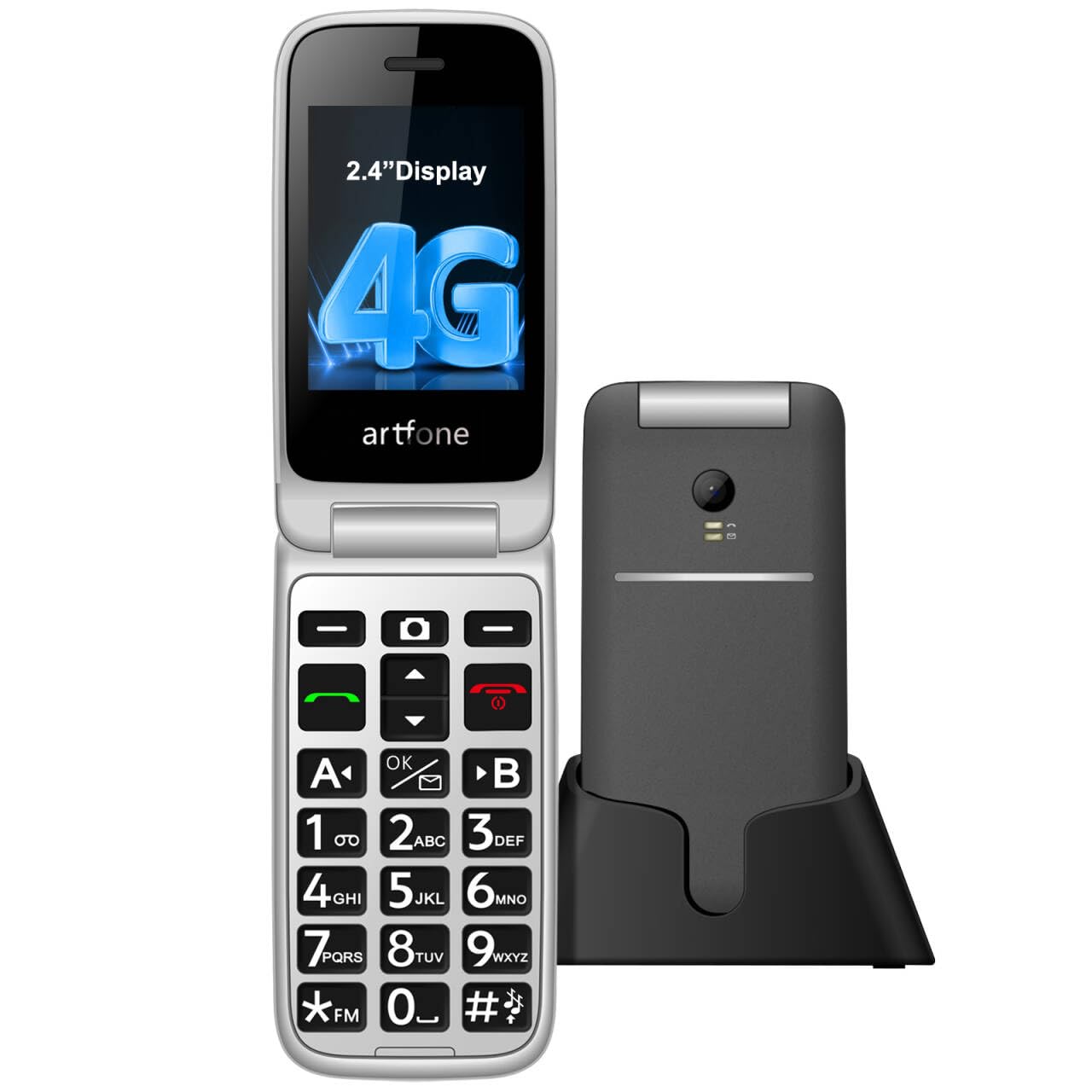 artfone G3 4G Telefono Cellulare per Anziani丨Flip Telefoni Cellulari con Tasti Grandi丨2.4" Display丨Funzione SOS丨Volume Alto丨Chiamata Rapida丨Batteria da 1300 mAh丨Base di Ricarica丨Bluetooth丨USB-C-Grigio