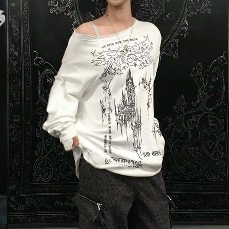 Women's Y2K Retro Printed Slanted Shoulder top, Loose and Slimming, Casual and Versatile Long Sleeved T-Shirt3