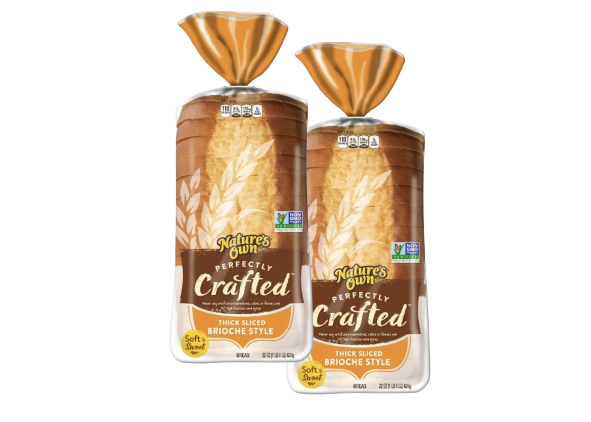 Nature's Own Perfectly Crafted Brioche Style Bread - 22 oz Loaf - Non-GMO -No Artificial Preservatives Colors Flavors - No High Fructose Corn Syrup (2 Pack)