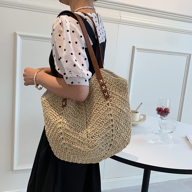 Image of Hand-woven Soft Large Straw Shoulder Bag Retro Boho Tote Bags Summer Beach Bag Rattan Handbag