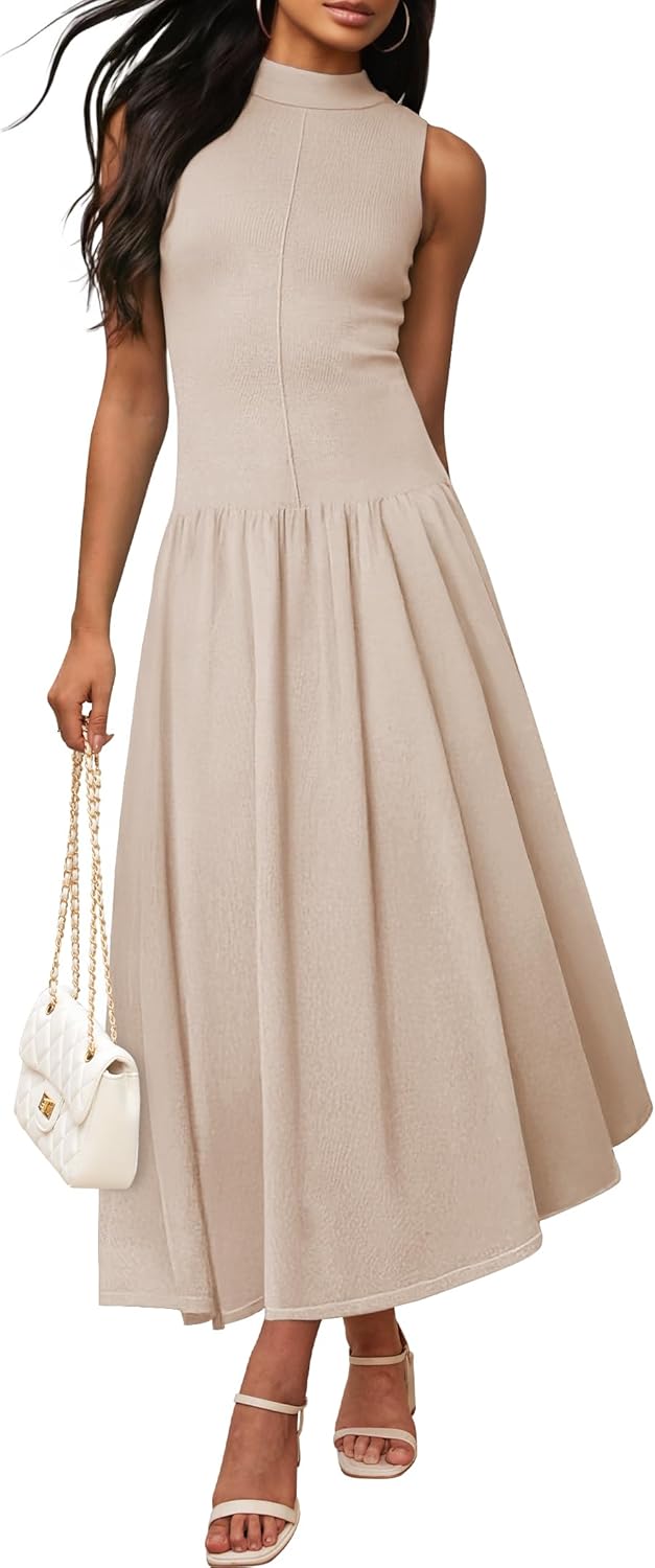 ZESICA Women's Summer Sleeveless Tank Maxi Dress 2025 Mock Neck Ribbed Knit High Waist Flowy Wedding Guest Long Dresses Apricot X-Large